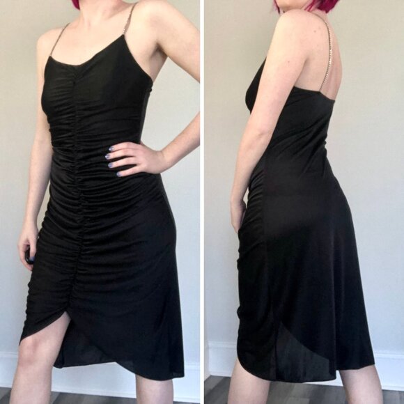 Vintage Dresses & Skirts - Vintage 1970s Ruched Stretch Knee-Length Disco Dress w/ Rhinestone Straps